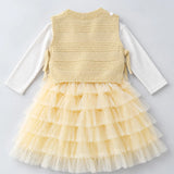 LSB Light Green Kitty Knitted Vest & White-Yellow Ruffle Frock Winterwear 2 Pcs Set for Girls