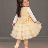 LSB Light Green Kitty Knitted Vest & White-Yellow Ruffle Frock Winterwear 2 Pcs Set for Girls