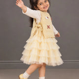 LSB Light Green Kitty Knitted Vest & White-Yellow Ruffle Frock Winterwear 2 Pcs Set for Girls