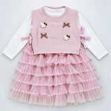LSB Pink Kitty Knitted Vest & White-Pink Ruffle Frock Winterwear 2 Pcs Set for Girls