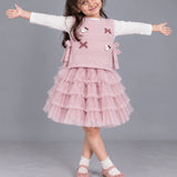 LSB Pink Kitty Knitted Vest & White-Pink Ruffle Frock Winterwear 2 Pcs Set for Girls