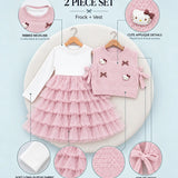 LSB Pink Kitty Knitted Vest & White-Pink Ruffle Frock Winterwear 2 Pcs Set for Girls