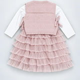 LSB Pink Kitty Knitted Vest & White-Pink Ruffle Frock Winterwear 2 Pcs Set for Girls