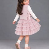 LSB Pink Kitty Knitted Vest & White-Pink Ruffle Frock Winterwear 2 Pcs Set for Girls