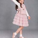 LSB Pink Kitty Knitted Vest & White-Pink Ruffle Frock Winterwear 2 Pcs Set for Girls