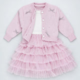 LSB Pink Pearl & Silver Bow Cardigan & White-Pink Ruffle Frock, Winterwear 2 Pcs Set for Girls