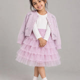 LSB Pink Pearl & Silver Bow Cardigan & White-Pink Ruffle Frock, Winterwear 2 Pcs Set for Girls