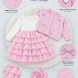 LSB Pink Pearl & Silver Bow Cardigan & White-Pink Ruffle Frock, Winterwear 2 Pcs Set for Girls