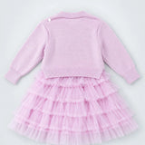 LSB Pink Pearl & Silver Bow Cardigan & White-Pink Ruffle Frock, Winterwear 2 Pcs Set for Girls