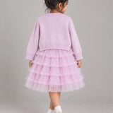 LSB Pink Pearl & Silver Bow Cardigan & White-Pink Ruffle Frock, Winterwear 2 Pcs Set for Girls
