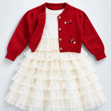 LSB Red 3D Bow Cardigan & White-Ivory Ruffle Frock, Winterwear 2 Pcs Set for Girls