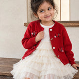 LSB Red 3D Bow Cardigan & White-Ivory Ruffle Frock, Winterwear 2 Pcs Set for Girls