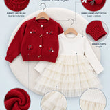 LSB Red 3D Bow Cardigan & White-Ivory Ruffle Frock, Winterwear 2 Pcs Set for Girls