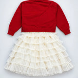 LSB Red 3D Bow Cardigan & White-Ivory Ruffle Frock, Winterwear 2 Pcs Set for Girls