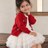 LSB Red 3D Bow Cardigan & White-Ivory Ruffle Frock, Winterwear 2 Pcs Set for Girls