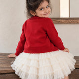 LSB Red 3D Bow Cardigan & White-Ivory Ruffle Frock, Winterwear 2 Pcs Set for Girls