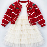 LSB Red Strawberry Cardigan & White-Ivory Ruffle Frock, Winterwear 2 Pcs Set for Girls