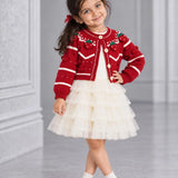 LSB Red Strawberry Cardigan & White-Ivory Ruffle Frock, Winterwear 2 Pcs Set for Girls