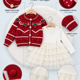 LSB Red Strawberry Cardigan & White-Ivory Ruffle Frock, Winterwear 2 Pcs Set for Girls