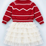 LSB Red Strawberry Cardigan & White-Ivory Ruffle Frock, Winterwear 2 Pcs Set for Girls