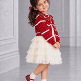 LSB Red Strawberry Cardigan & White-Ivory Ruffle Frock, Winterwear 2 Pcs Set for Girls
