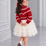 LSB Red Strawberry Cardigan & White-Ivory Ruffle Frock, Winterwear 2 Pcs Set for Girls