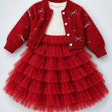 LSB Red Pearl & Silver Bow Cardigan & White-Red Ruffle Frock, Winterwear 2 Pcs Set for Girls