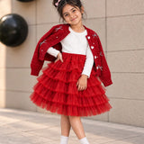 LSB Red Pearl & Silver Bow Cardigan & White-Red Ruffle Frock, Winterwear 2 Pcs Set for Girls