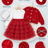 LSB Red Pearl & Silver Bow Cardigan & White-Red Ruffle Frock, Winterwear 2 Pcs Set for Girls