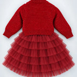 LSB Red Pearl & Silver Bow Cardigan & White-Red Ruffle Frock, Winterwear 2 Pcs Set for Girls