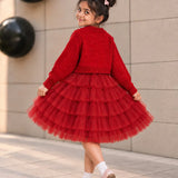 LSB Red Pearl & Silver Bow Cardigan & White-Red Ruffle Frock, Winterwear 2 Pcs Set for Girls