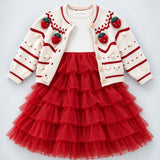 LSB White Strawberry Cardigan & White-Red Ruffle Frock, Winterwear 2 Pcs Set for Girls