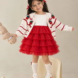 LSB White Strawberry Cardigan & White-Red Ruffle Frock, Winterwear 2 Pcs Set for Girls