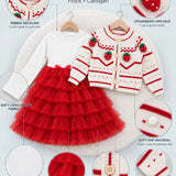 LSB White Strawberry Cardigan & White-Red Ruffle Frock, Winterwear 2 Pcs Set for Girls