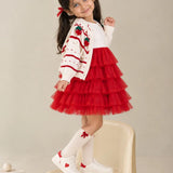 LSB White Strawberry Cardigan & White-Red Ruffle Frock, Winterwear 2 Pcs Set for Girls