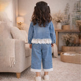 Frills & Bows Denim Jacket with Pants Co-ord set for Girls