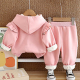 Pink Crochet Floral Frill Fleece winter Tracksuit Set for Kids