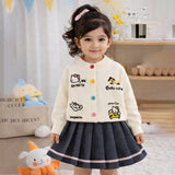 Cat-Dog Print Cream Cardigan and Pleated Skirt Winterwear 2Pcs set for Girls