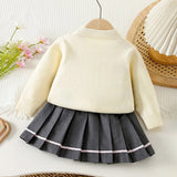 Cat-Dog Print Cream Cardigan and Pleated Skirt Winterwear 2Pcs set for Girls