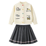 Cat-Dog Print Cream Cardigan and Pleated Skirt Winterwear 2Pcs set for Girls