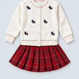 LSB Ivory Horse Cardigan & Maroon Checked Skirt, Winterwear, 2 Pcs Set for Girls