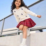 LSB Ivory Horse Cardigan & Maroon Checked Skirt, Winterwear, 2 Pcs Set for Girls