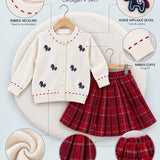 LSB Ivory Horse Cardigan & Maroon Checked Skirt, Winterwear, 2 Pcs Set for Girls