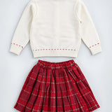 LSB Ivory Horse Cardigan & Maroon Checked Skirt, Winterwear, 2 Pcs Set for Girls