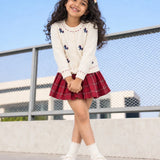 LSB Ivory Horse Cardigan & Maroon Checked Skirt, Winterwear, 2 Pcs Set for Girls