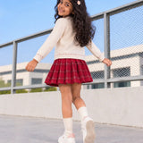 LSB Ivory Horse Cardigan & Maroon Checked Skirt, Winterwear, 2 Pcs Set for Girls