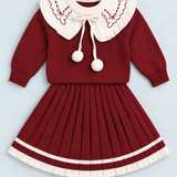 LSB Maroon Ruffle-Collar Sweater & Pleated Skirt with Bow Pom-Pom Clip, Winterwear 2 Pcs Set for Girls