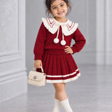LSB Maroon Ruffle-Collar Sweater & Pleated Skirt with Bow Pom-Pom Clip, Winterwear 2 Pcs Set for Girls