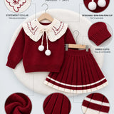 LSB Maroon Ruffle-Collar Sweater & Pleated Skirt with Bow Pom-Pom Clip, Winterwear 2 Pcs Set for Girls