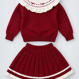 LSB Maroon Ruffle-Collar Sweater & Pleated Skirt with Bow Pom-Pom Clip, Winterwear 2 Pcs Set for Girls